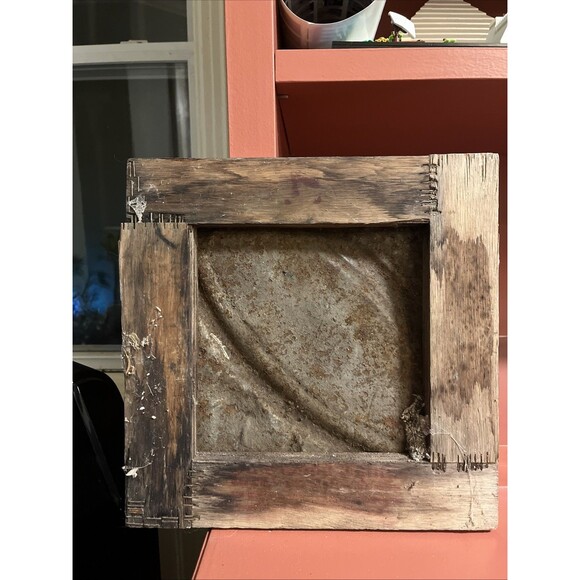 Antique Vtg Ceiling Metal Tin Tile Gray Wood Backing Wall Decoration 12 x 12 - Picture 2 of 4